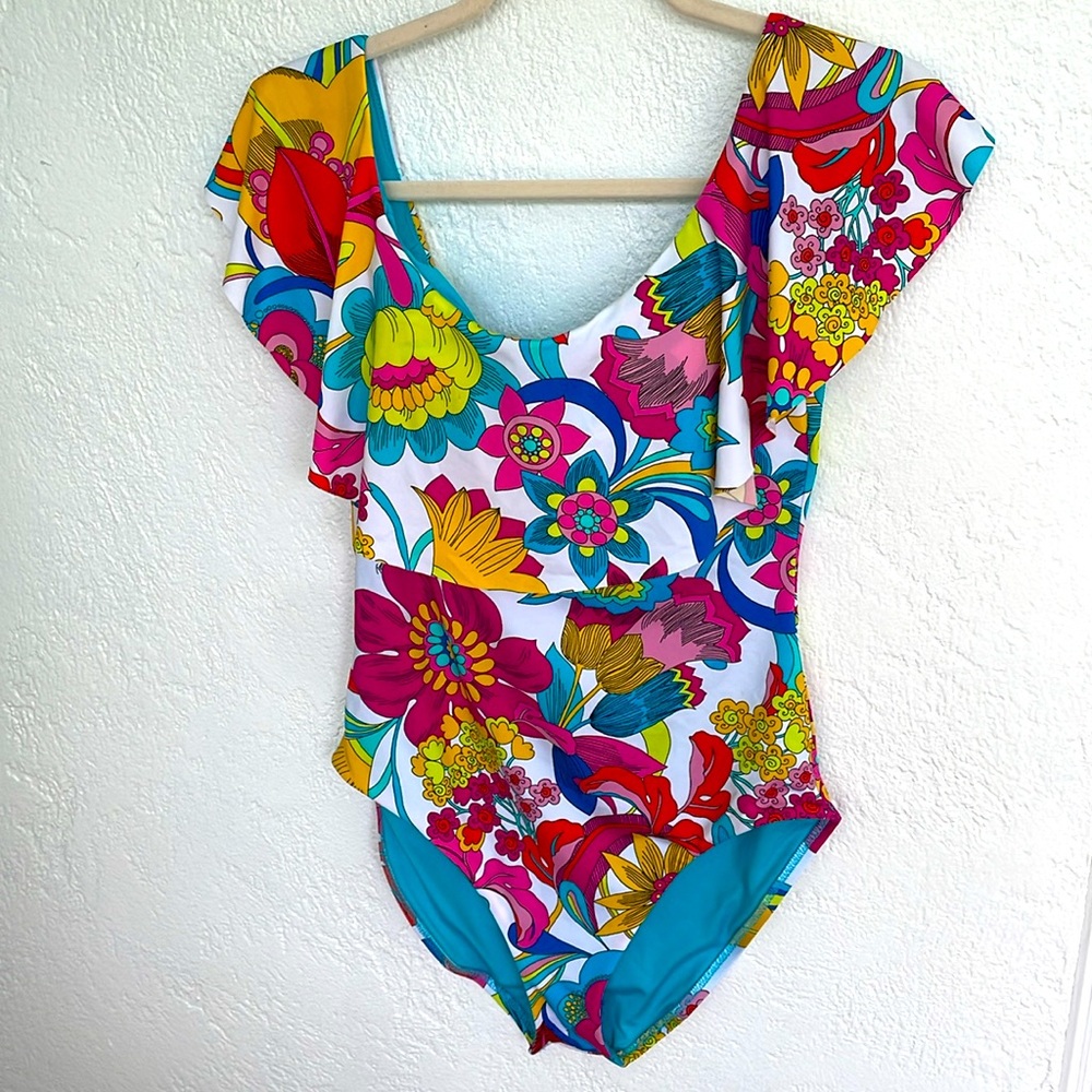 NWT TRINA TURK FONTAINE OFF‎ THE SHOULDER RUFFLE ONE PIECE SWIMSUIT Multi 10 - Picture 2 of 8